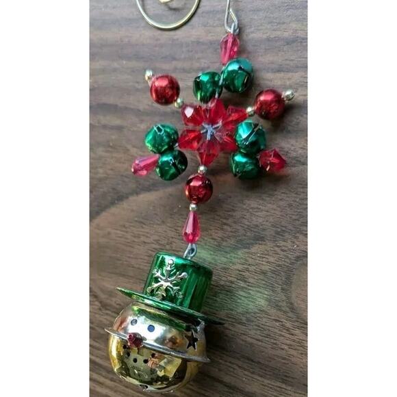 Pier 1 Jingle Bell Snowman Ornament Beaded Star Red Green Metal Christmas - Picture 2 of 8